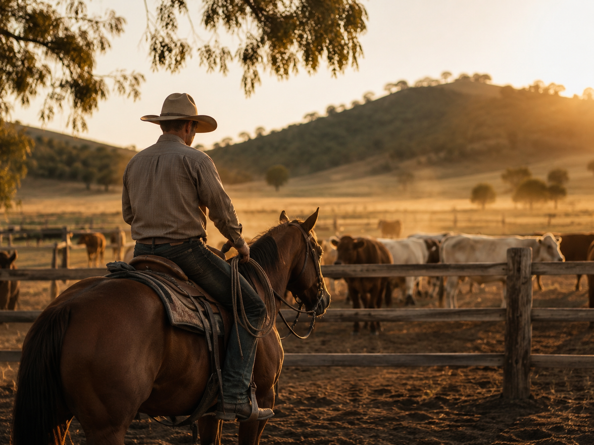 Mounted cowboy and cattle in Australian country