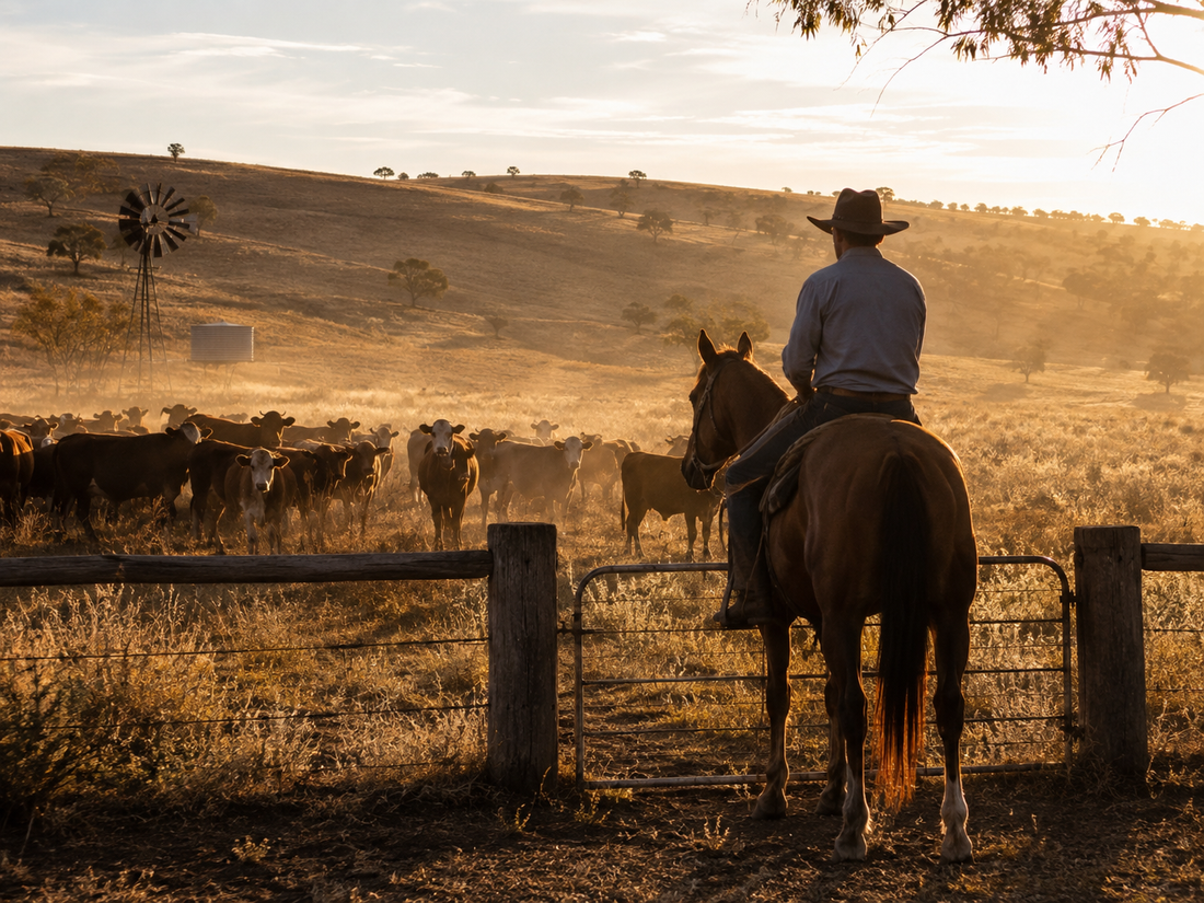 Cowboy overlooking cattle in Australian country