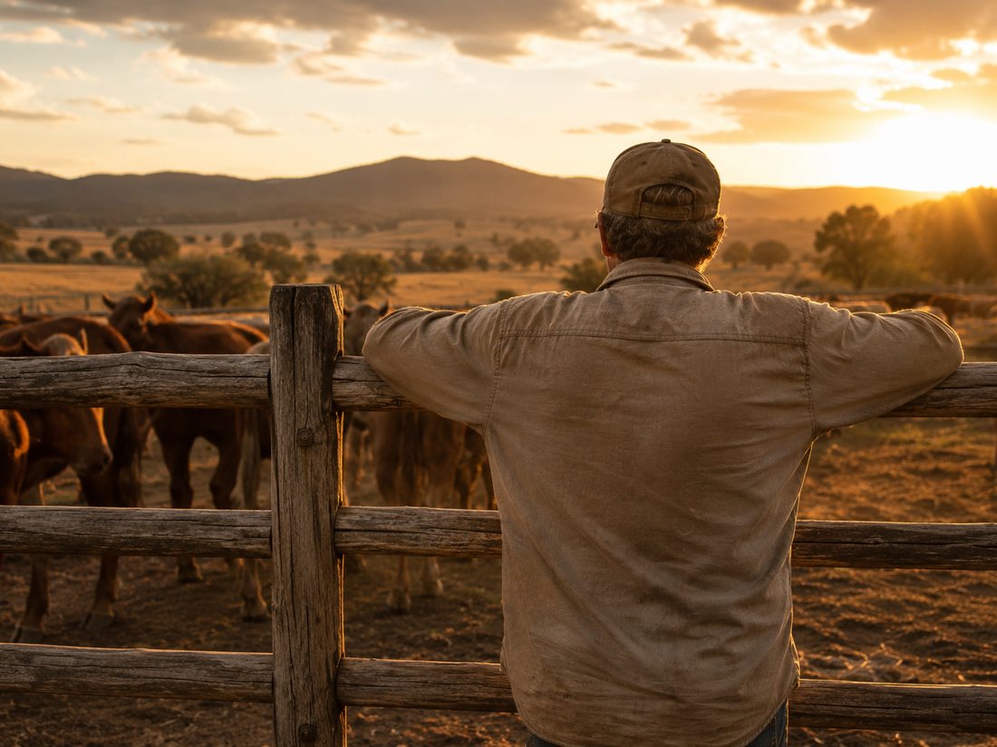 Farmer watching cattle at sunset