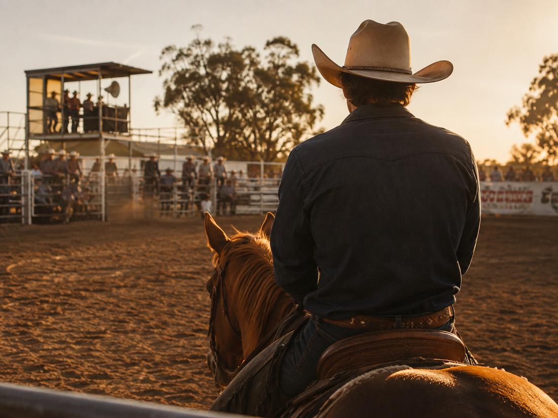 Cowboy at an Australian rodeo at golden hour