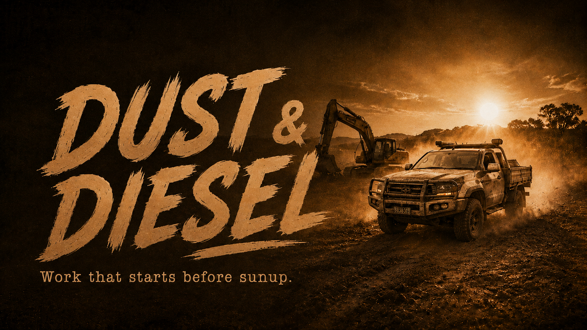 Dust and Diesel collection banner with ute, shed and machinery