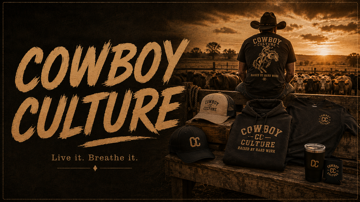 Cowboy Culture collection banner with cowboy, cattle and working dog