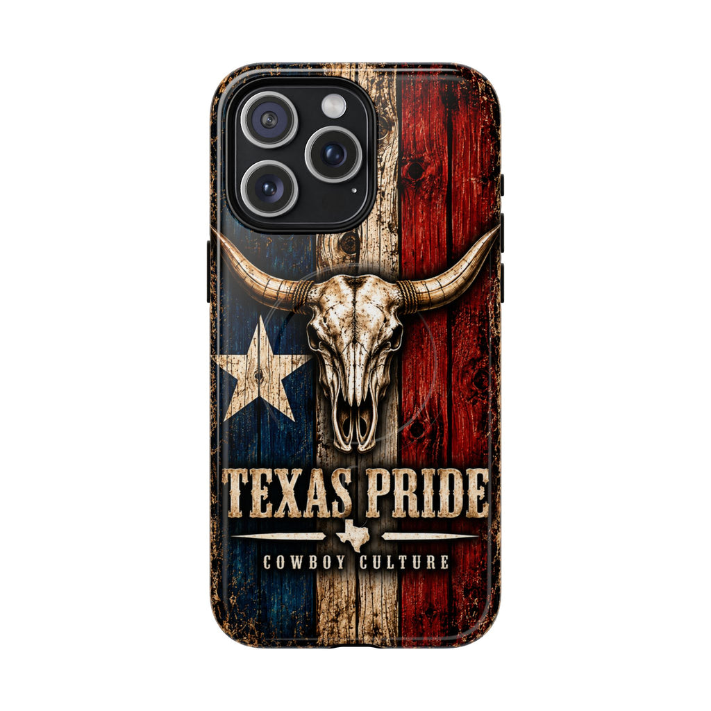 Cowboy Culture Texas Pride magnetic phone case with Texas flag and longhorn skull artwork