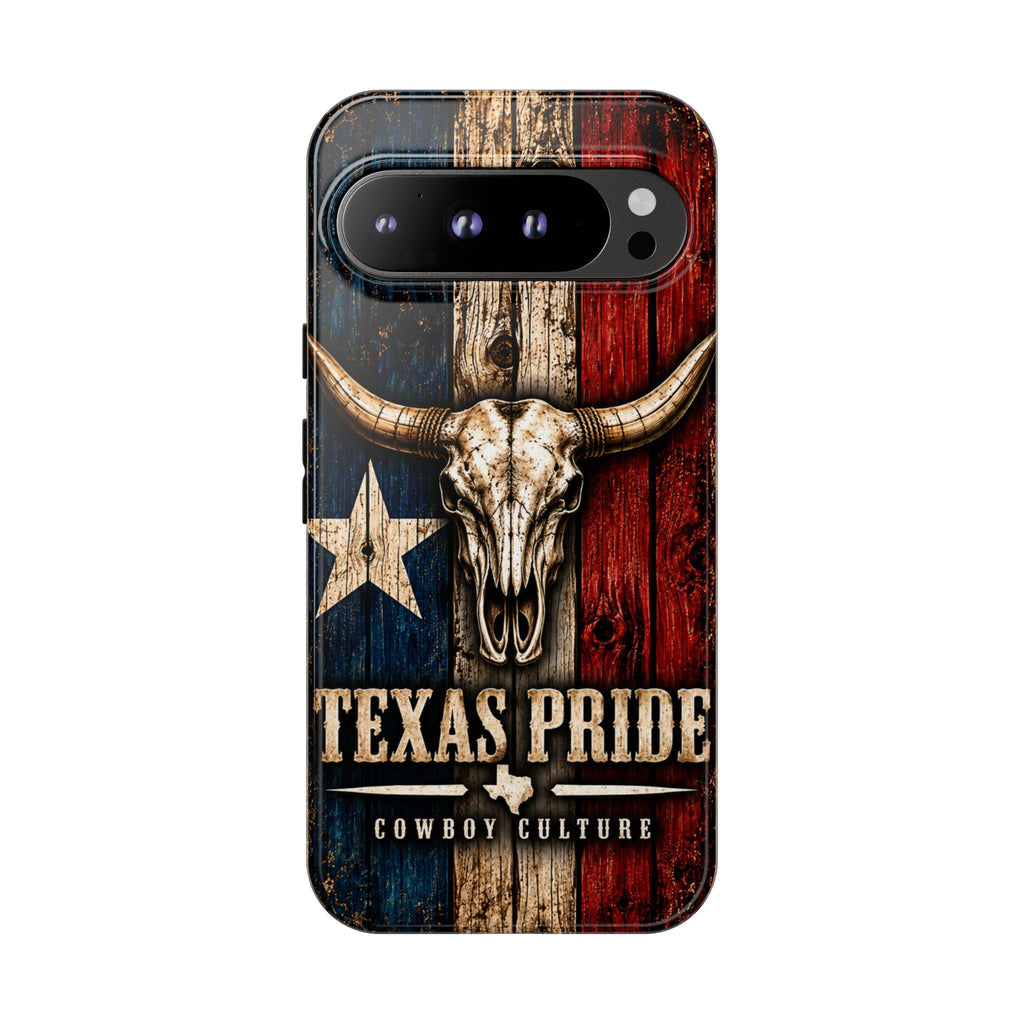 Cowboy Culture Texas Pride phone case with Texas flag and longhorn skull artwork