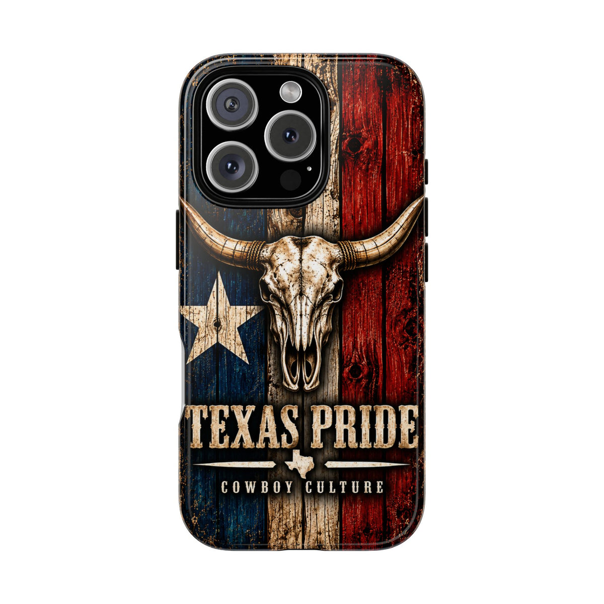 Cowboy Culture Texas Pride phone case with Texas flag and longhorn skull artwork