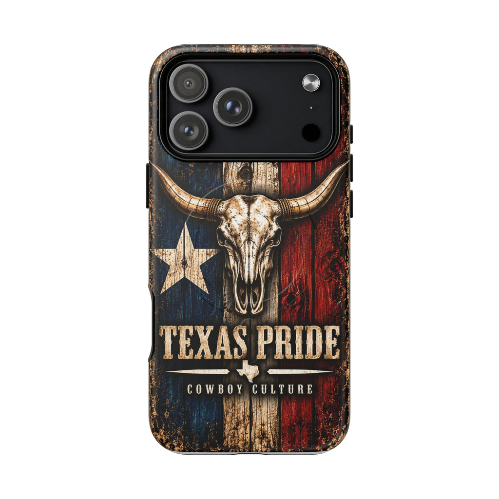 Cowboy Culture Texas Pride magnetic phone case with Texas flag and longhorn skull artwork