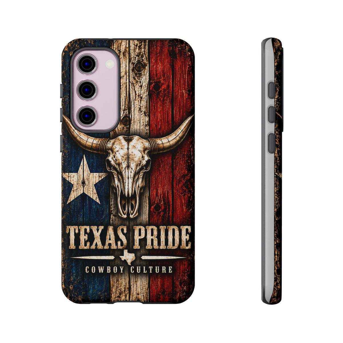 Cowboy Culture Texas Pride phone case with Texas flag and longhorn skull artwork