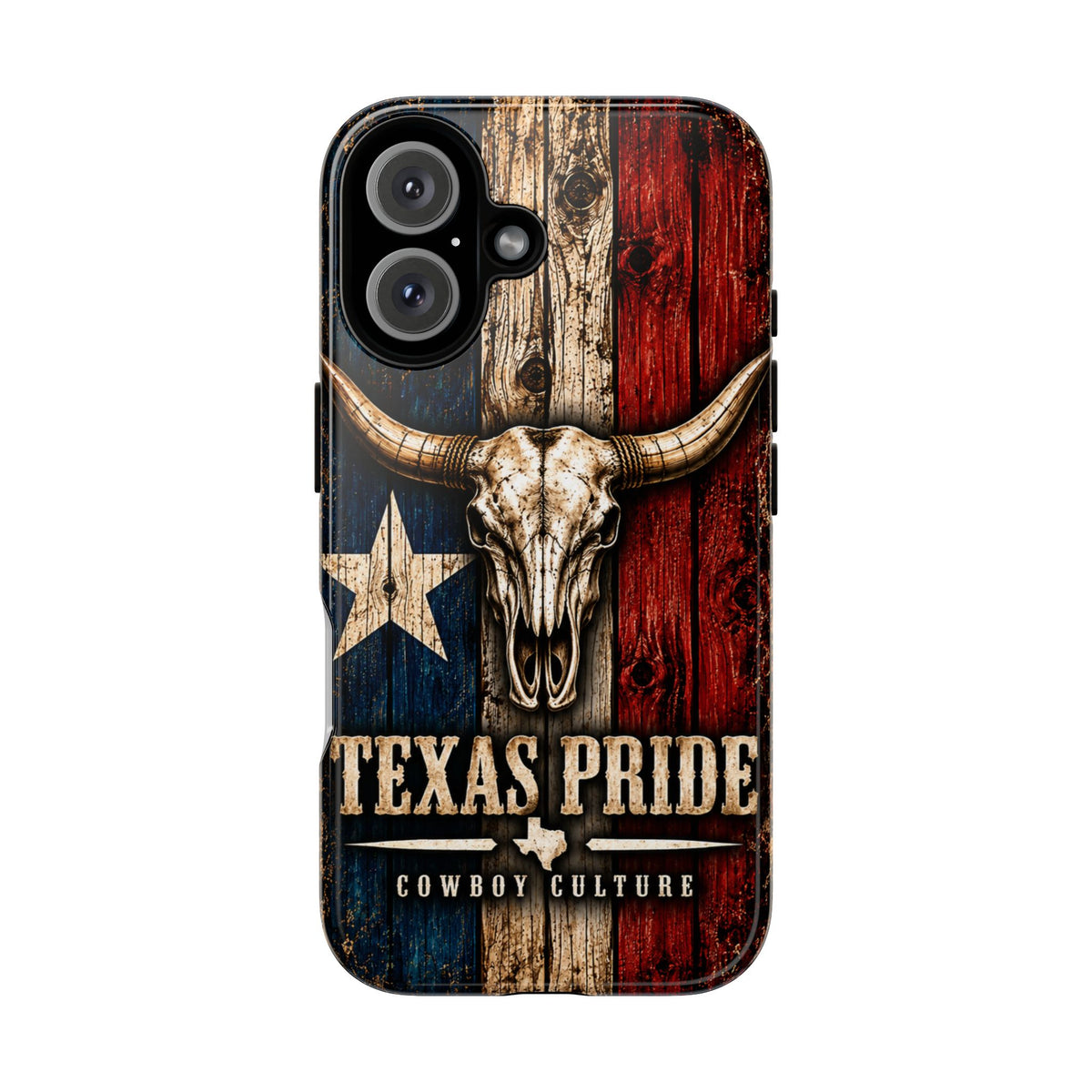 Cowboy Culture Texas Pride phone case with Texas flag and longhorn skull artwork
