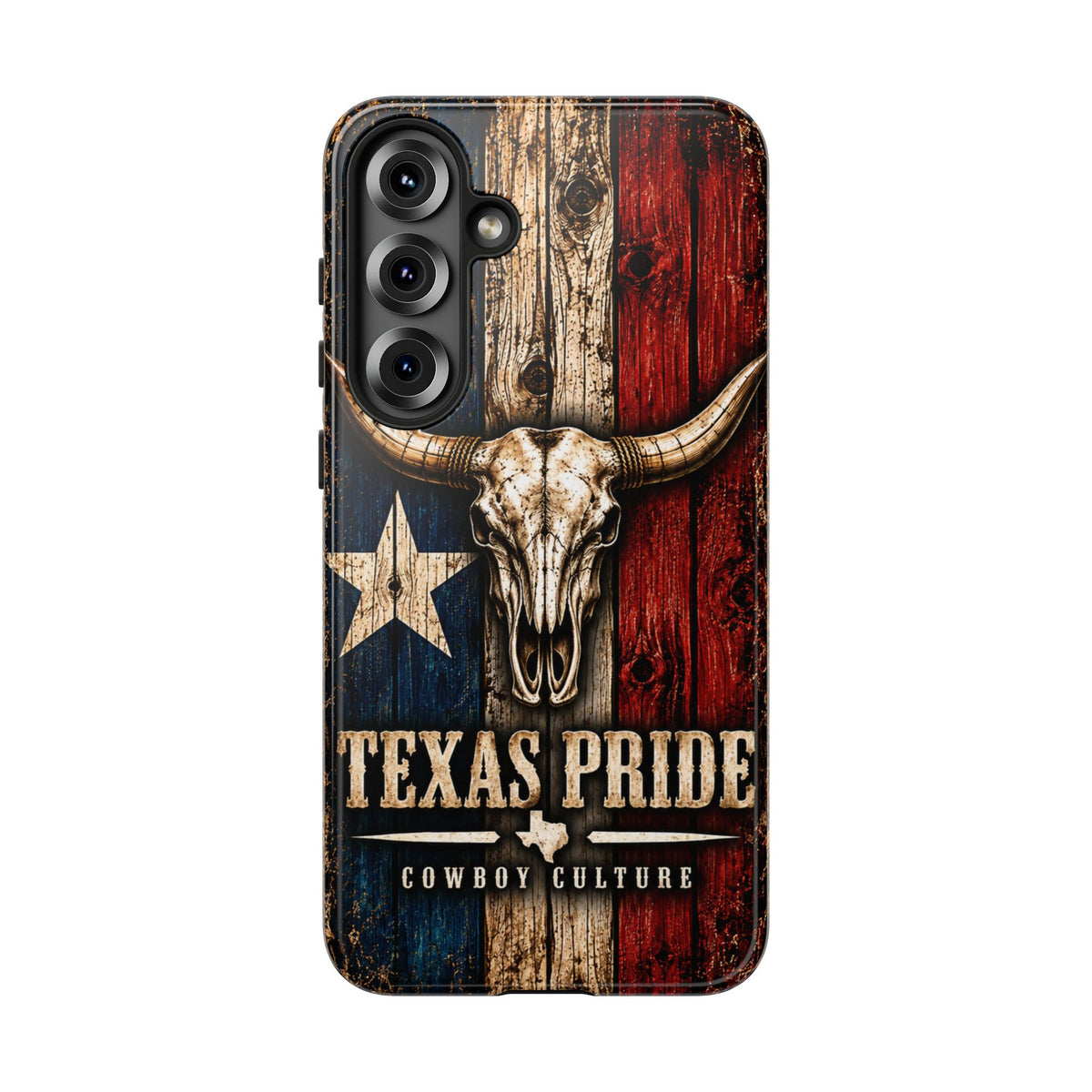Cowboy Culture Texas Pride phone case with Texas flag and longhorn skull artwork