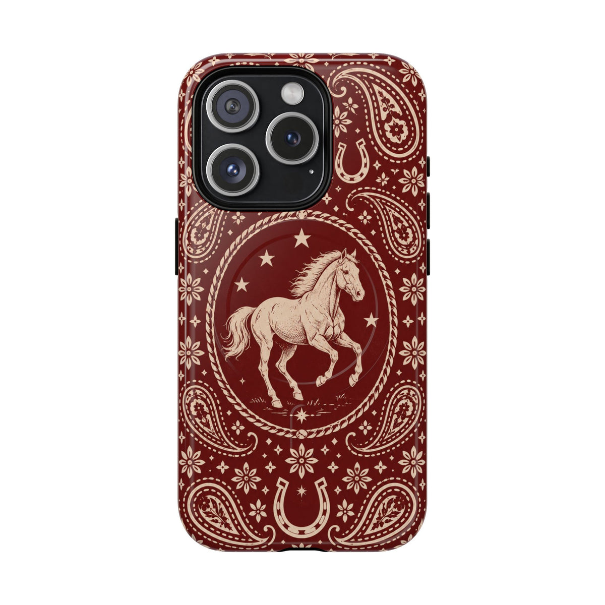 Tough Magnetic Case – Vintage Western Horse Paisley Design — iPhone 15 Pro / Glossy