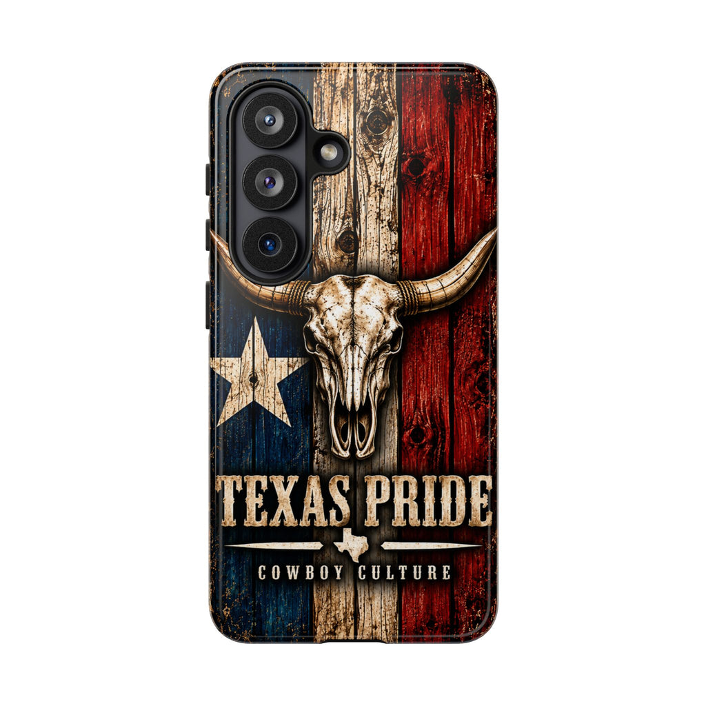 Cowboy Culture Texas Pride phone case with Texas flag and longhorn skull artwork