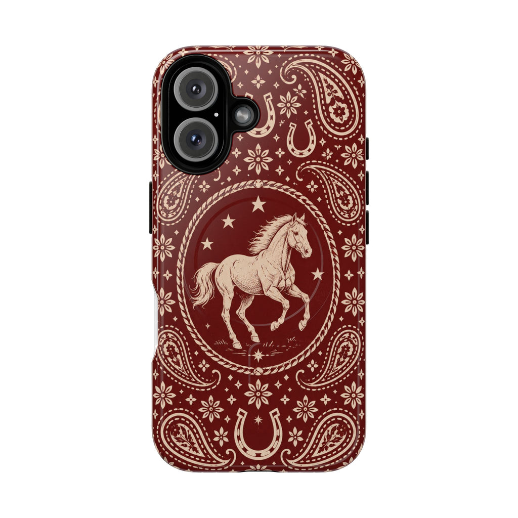 Tough Magnetic Case – Vintage Western Horse Paisley Design — iPhone 16 / Glossy