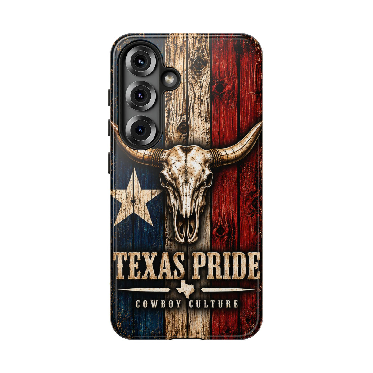 Cowboy Culture Texas Pride phone case with Texas flag and longhorn skull artwork