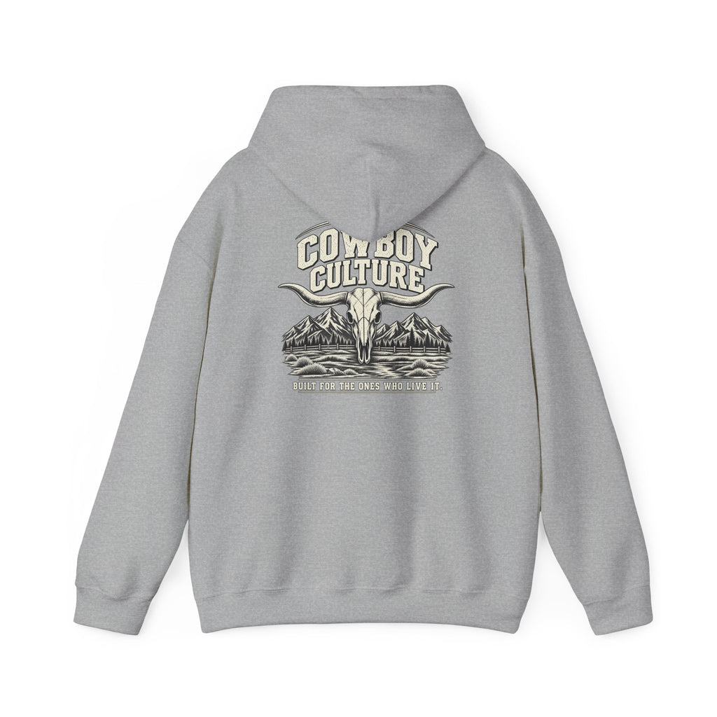 Cowboy Culture Mountain Skull western hoodie — apparel mockup