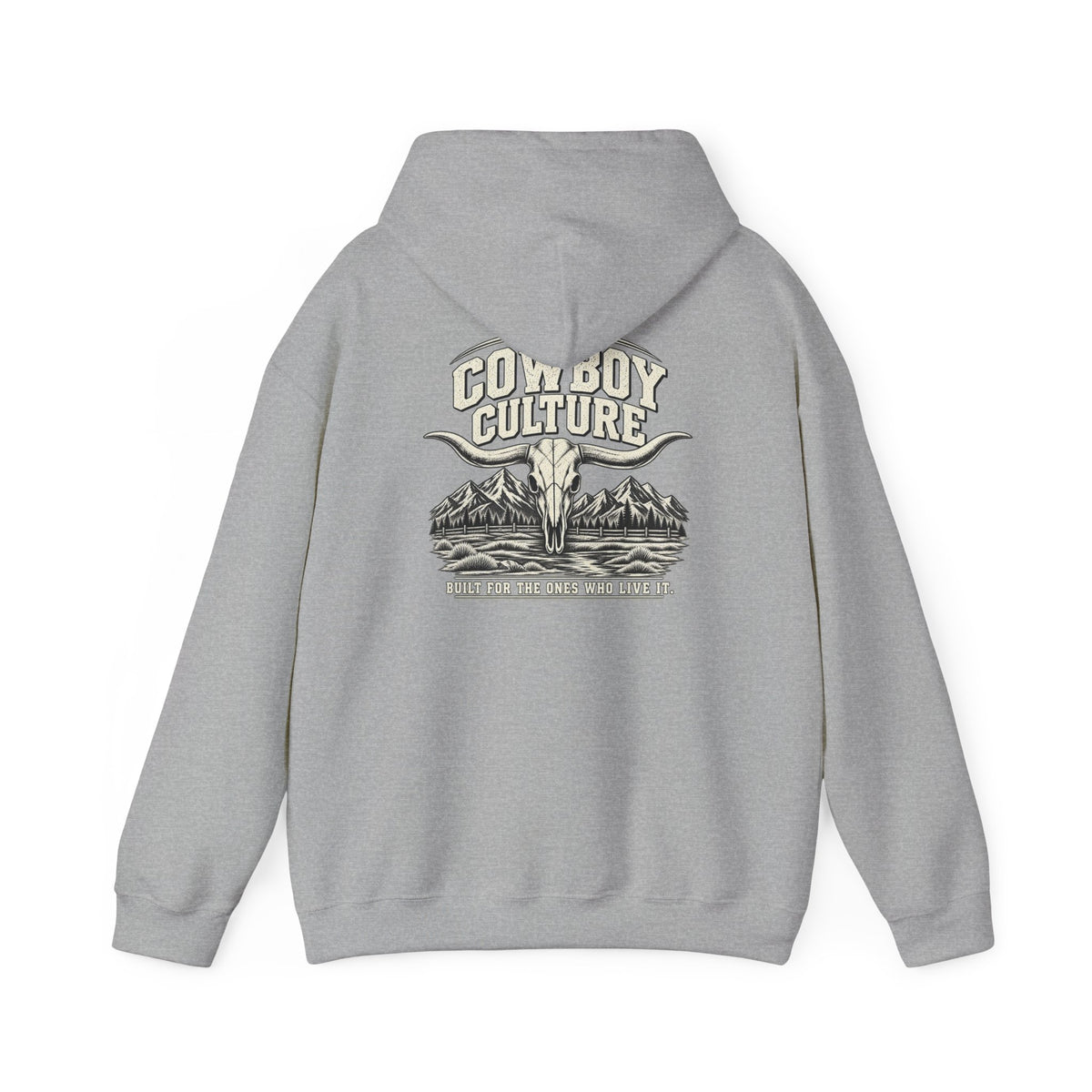 Cowboy Culture Mountain Skull western hoodie — apparel mockup