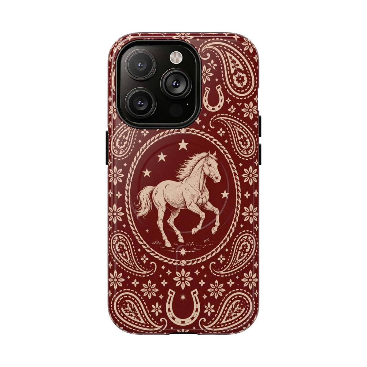 Tough Magnetic Case – Vintage Western Horse Paisley Design — iPhone 14 Pro / Glossy