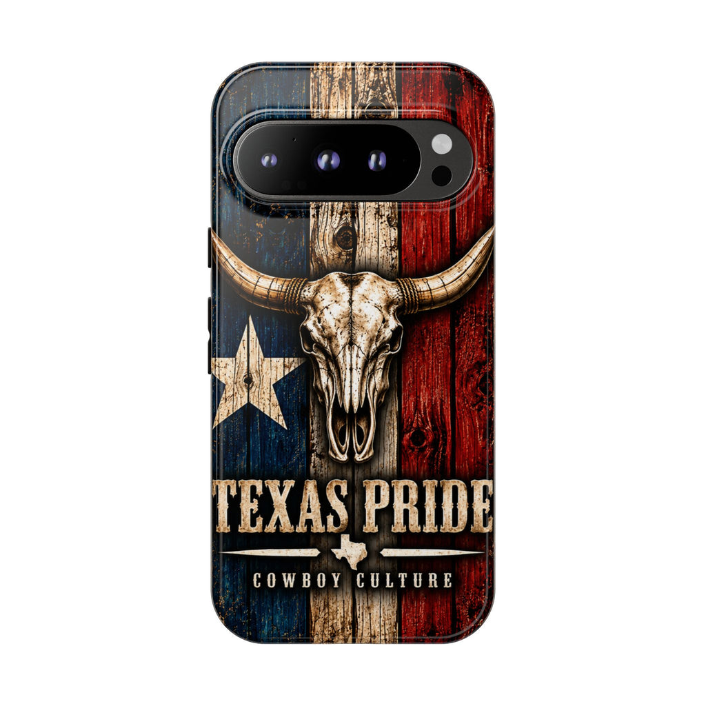 Cowboy Culture Texas Pride phone case with Texas flag and longhorn skull artwork
