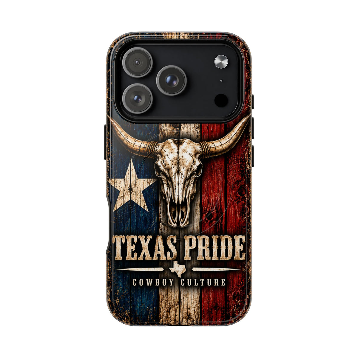 Cowboy Culture Texas Pride magnetic phone case with Texas flag and longhorn skull artwork