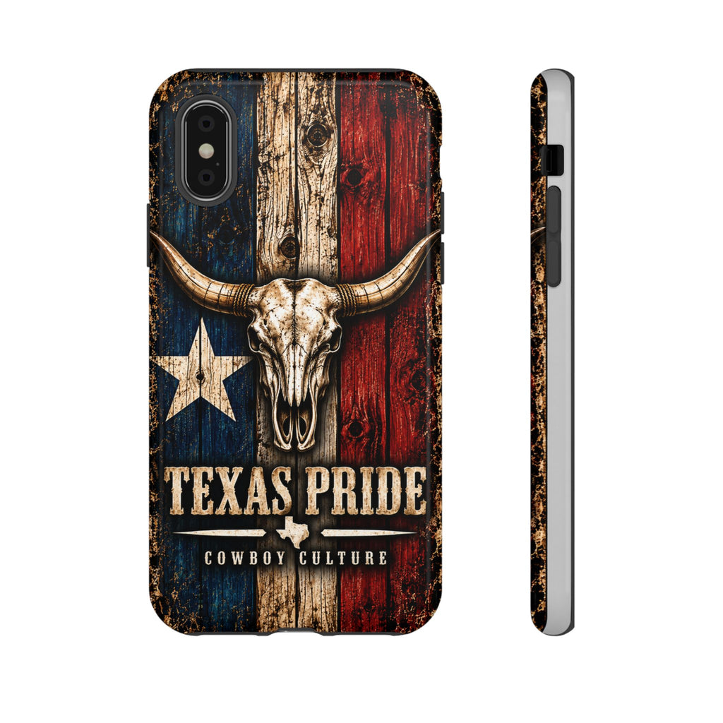 Cowboy Culture Texas Pride phone case with Texas flag and longhorn skull artwork