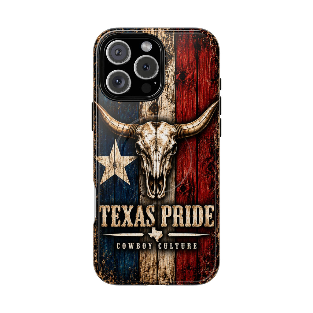 Cowboy Culture Texas Pride magnetic phone case with Texas flag and longhorn skull artwork