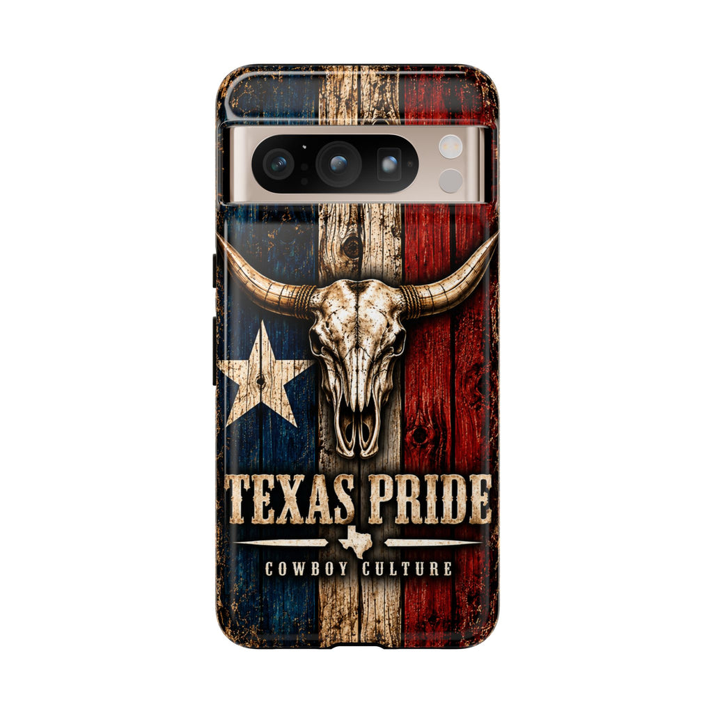 Cowboy Culture Texas Pride phone case with Texas flag and longhorn skull artwork