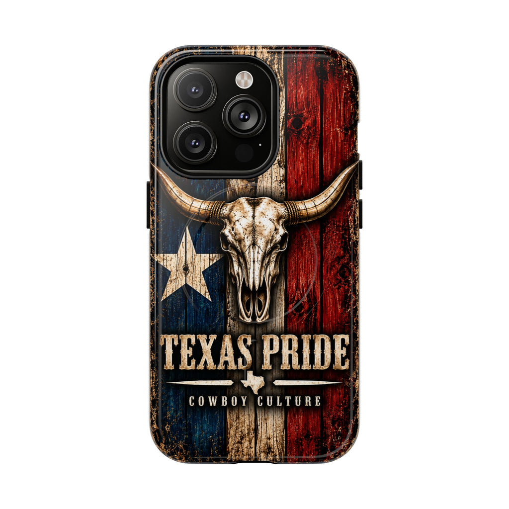 Cowboy Culture Texas Pride magnetic phone case with Texas flag and longhorn skull artwork