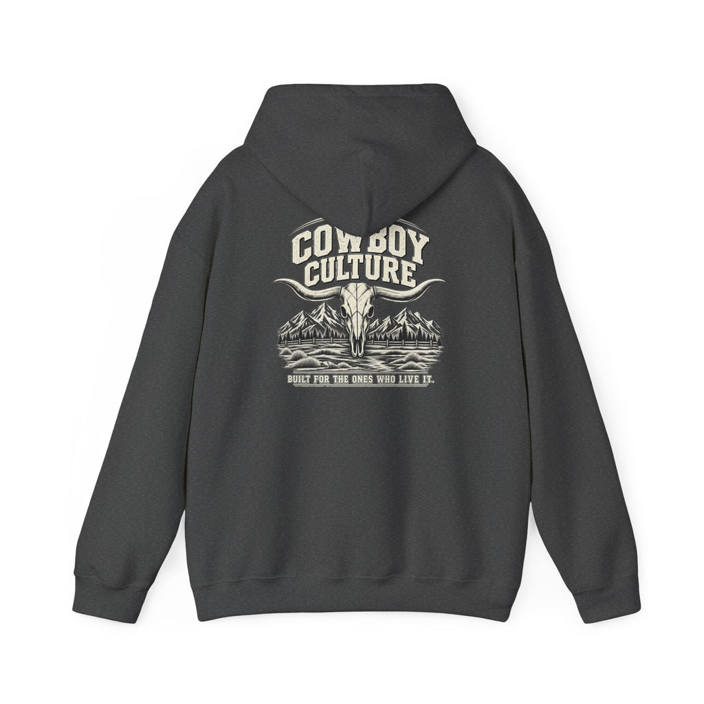 Cowboy Culture Mountain Skull western hoodie — detail view