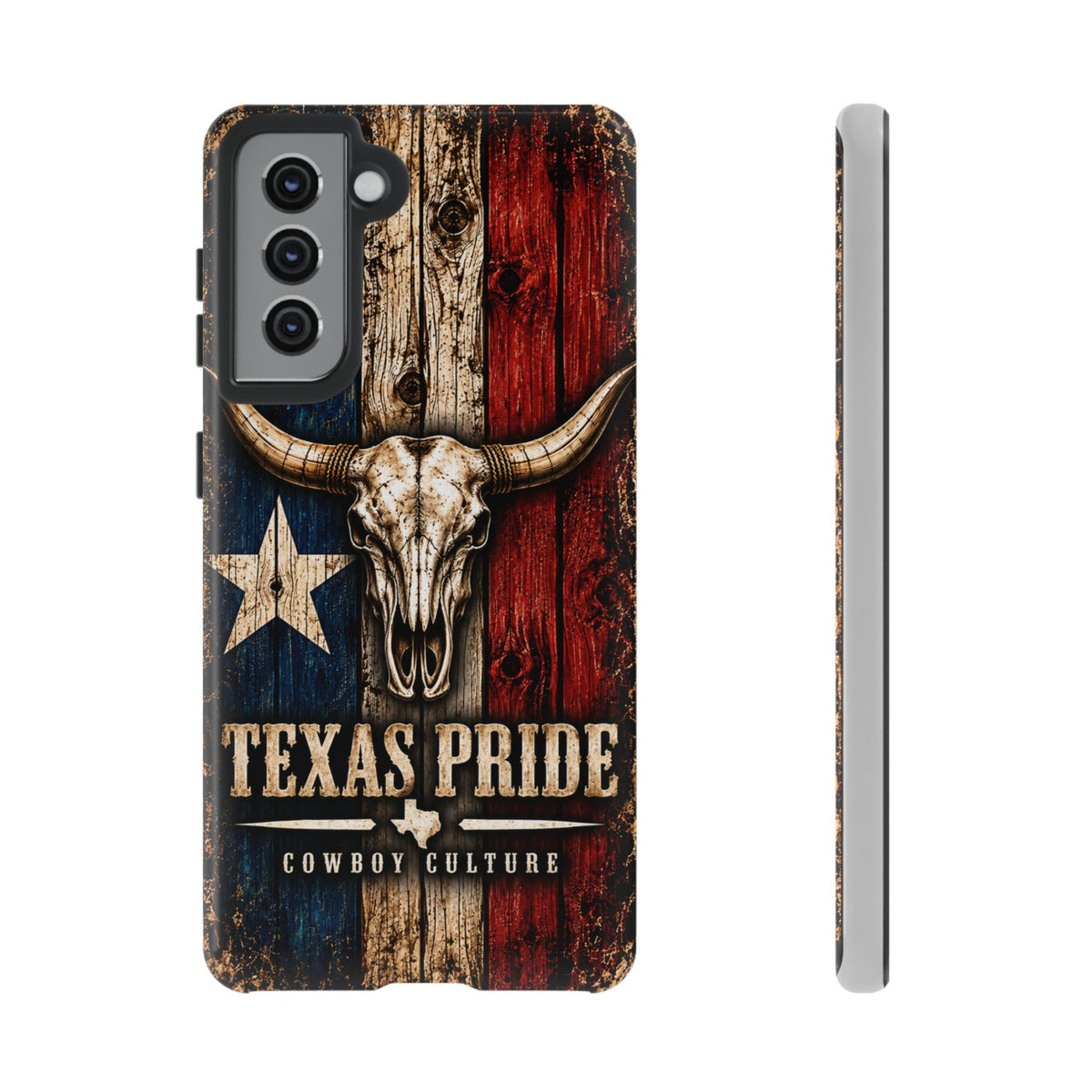 Cowboy Culture Texas Pride phone case with Texas flag and longhorn skull artwork