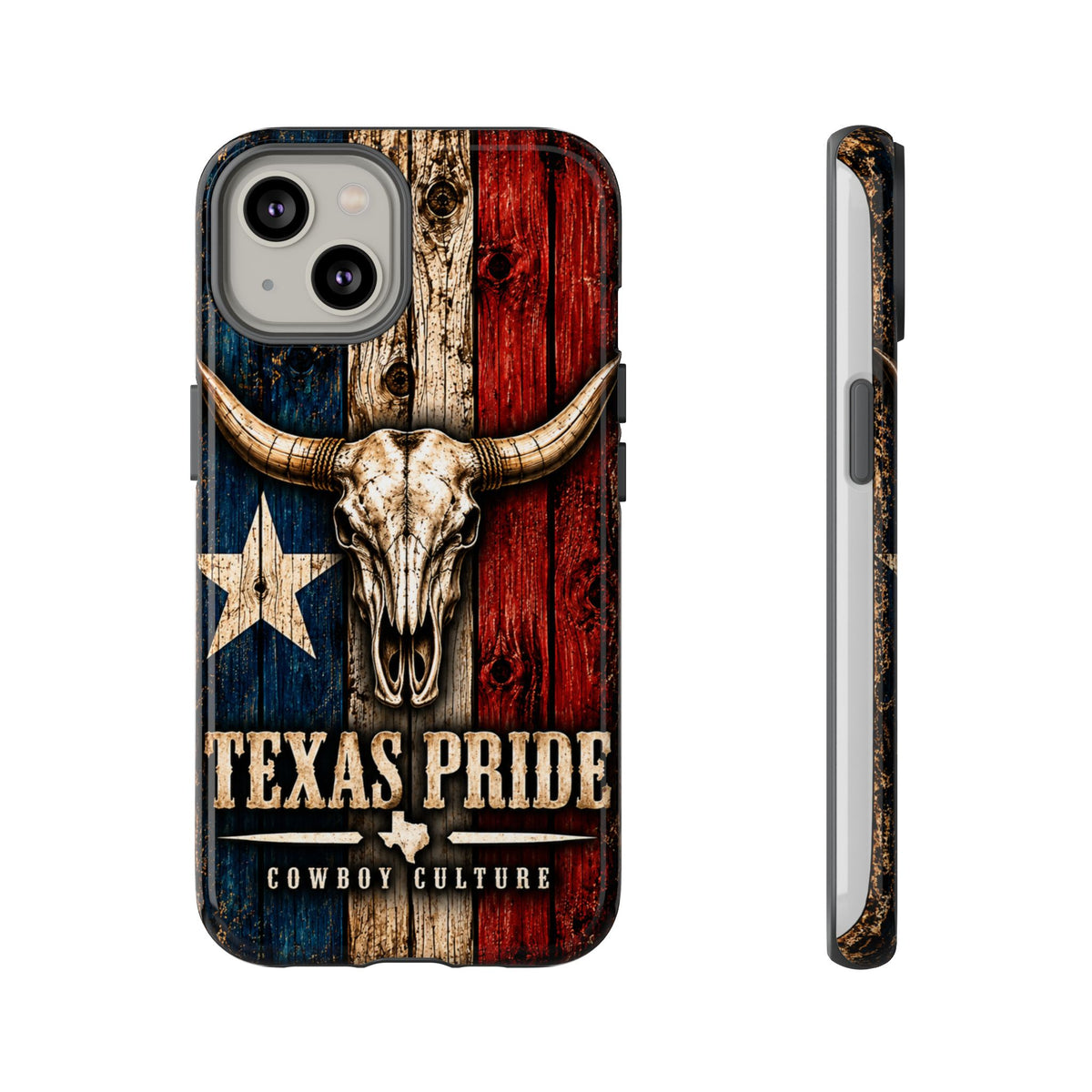 Cowboy Culture Texas Pride phone case with Texas flag and longhorn skull artwork
