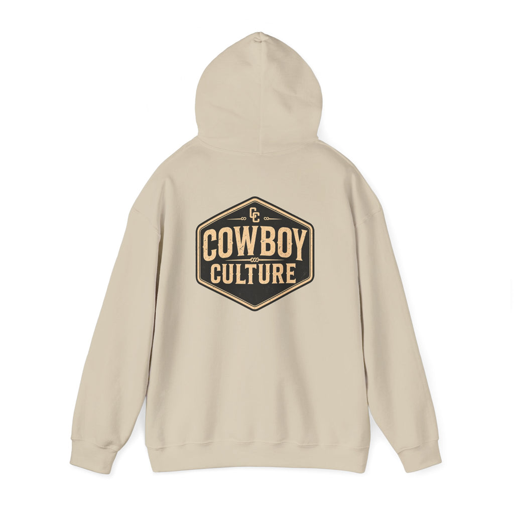 Cowboy Culture Badge western hoodie — apparel mockup