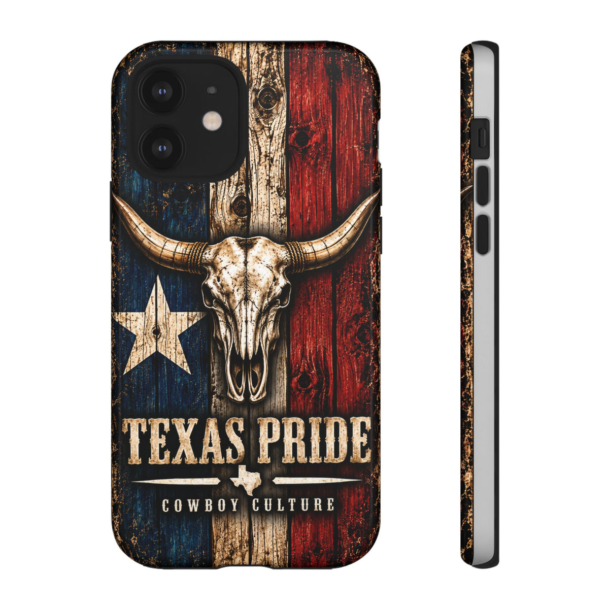 Cowboy Culture Texas Pride phone case with Texas flag and longhorn skull artwork