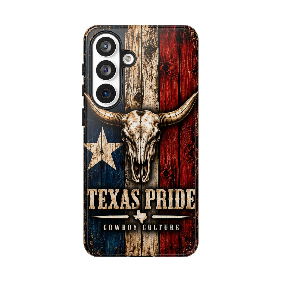 Cowboy Culture Texas Pride phone case with Texas flag and longhorn skull artwork