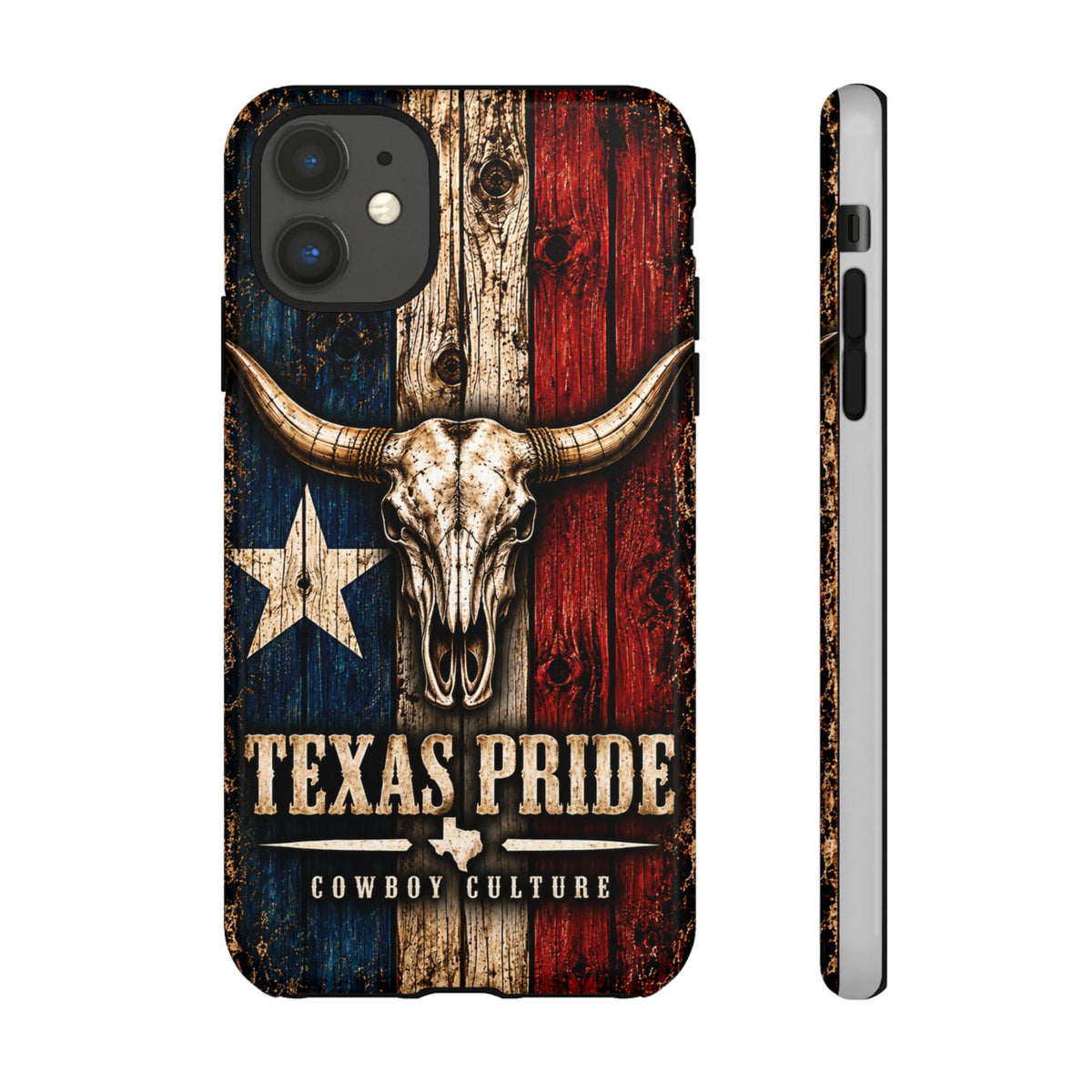 Cowboy Culture Texas Pride phone case with Texas flag and longhorn skull artwork