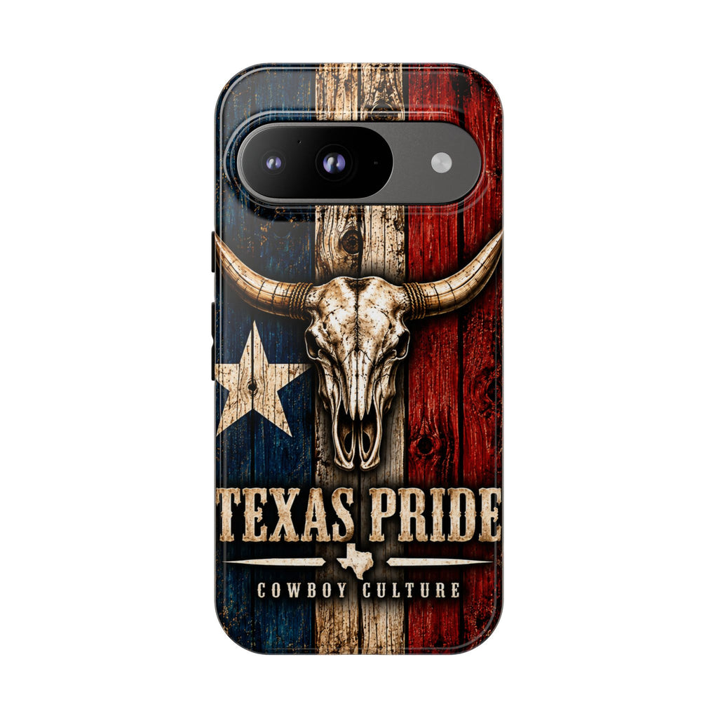 Cowboy Culture Texas Pride phone case with Texas flag and longhorn skull artwork