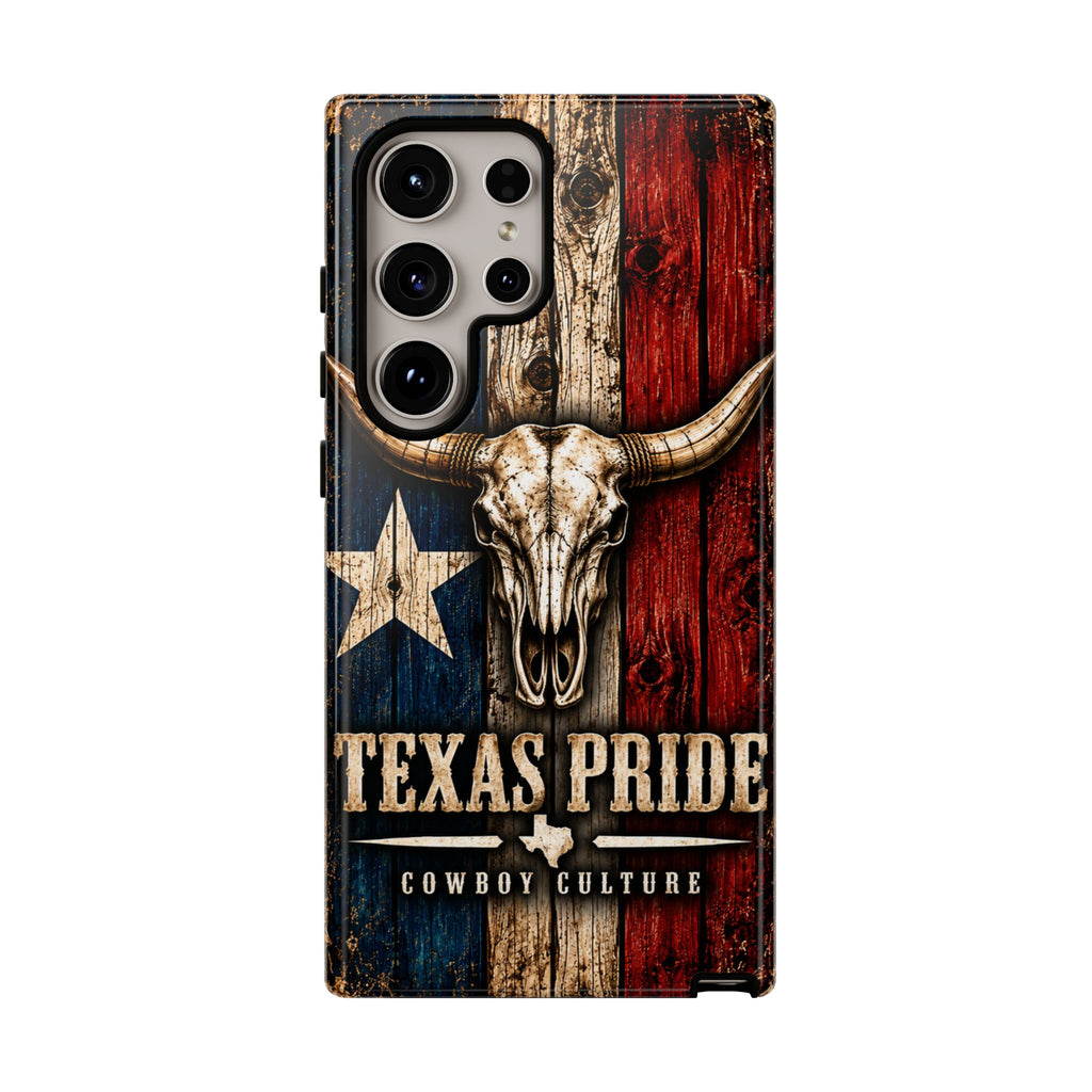 Cowboy Culture Texas Pride phone case with Texas flag and longhorn skull artwork