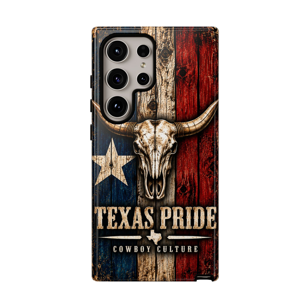Cowboy Culture Texas Pride phone case with Texas flag and longhorn skull artwork