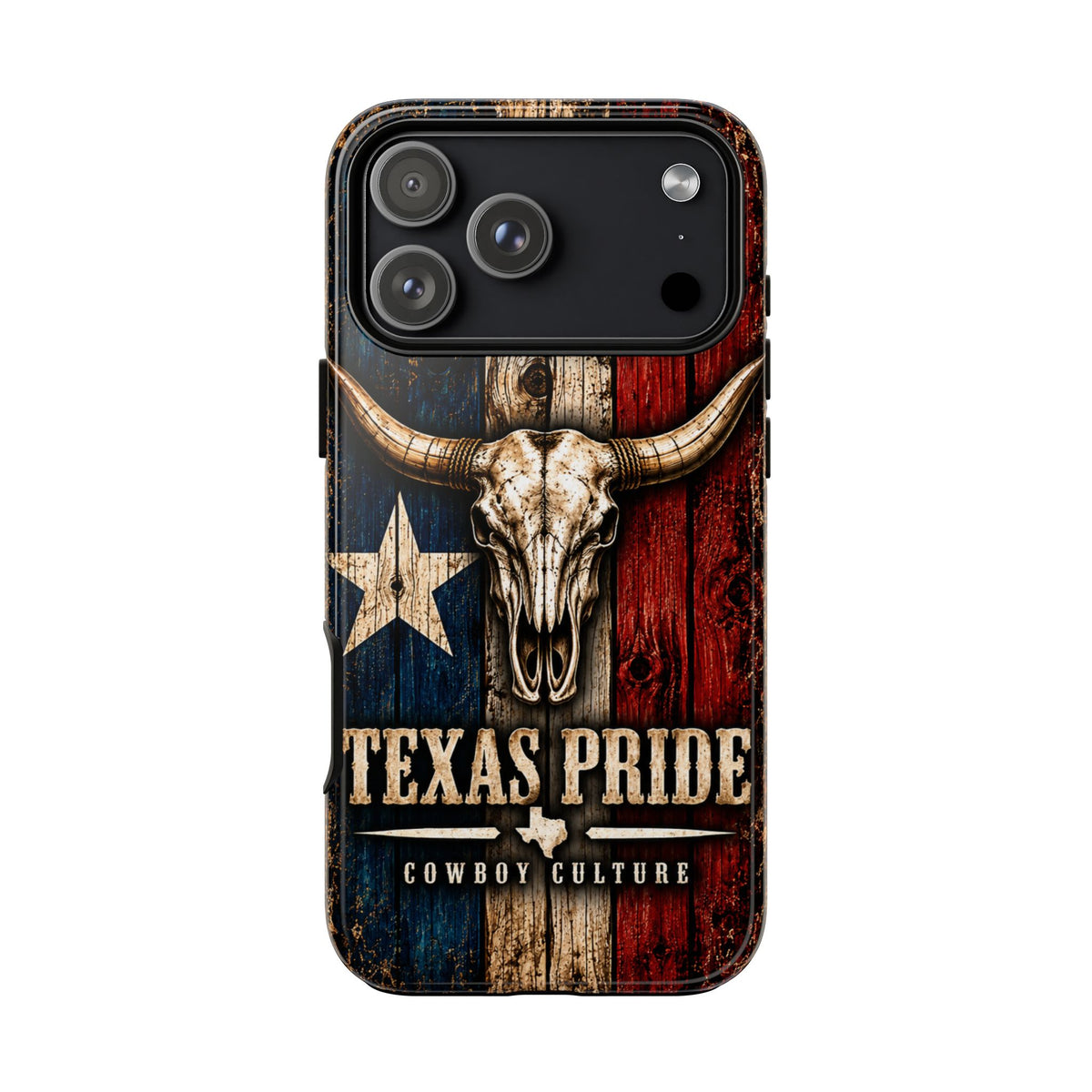 Cowboy Culture Texas Pride phone case with Texas flag and longhorn skull artwork
