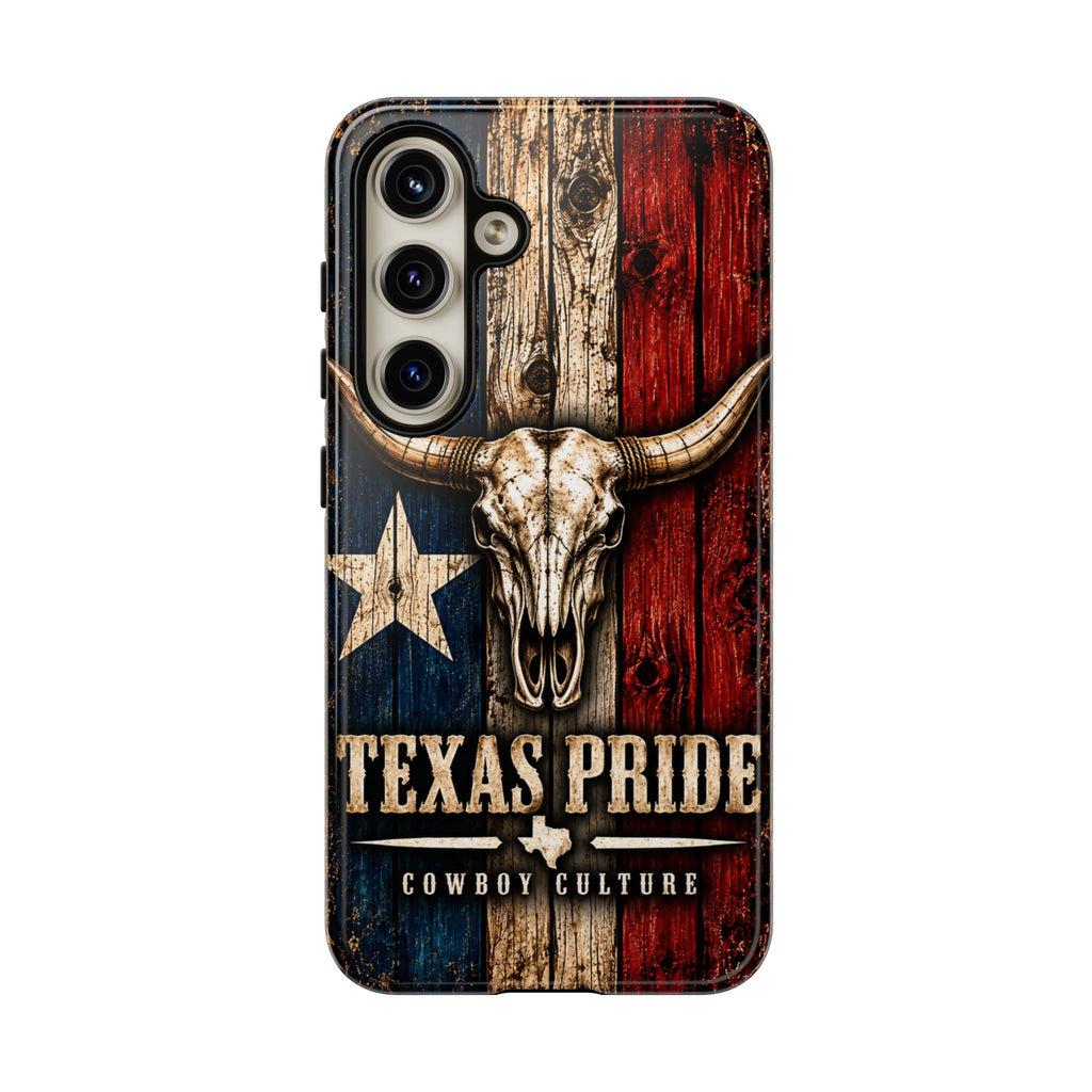 Cowboy Culture Texas Pride phone case with Texas flag and longhorn skull artwork
