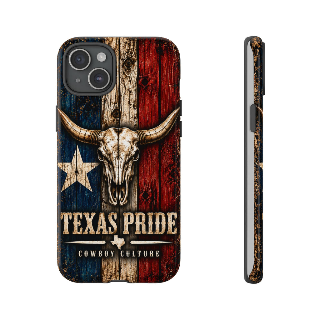 Cowboy Culture Texas Pride phone case with Texas flag and longhorn skull artwork