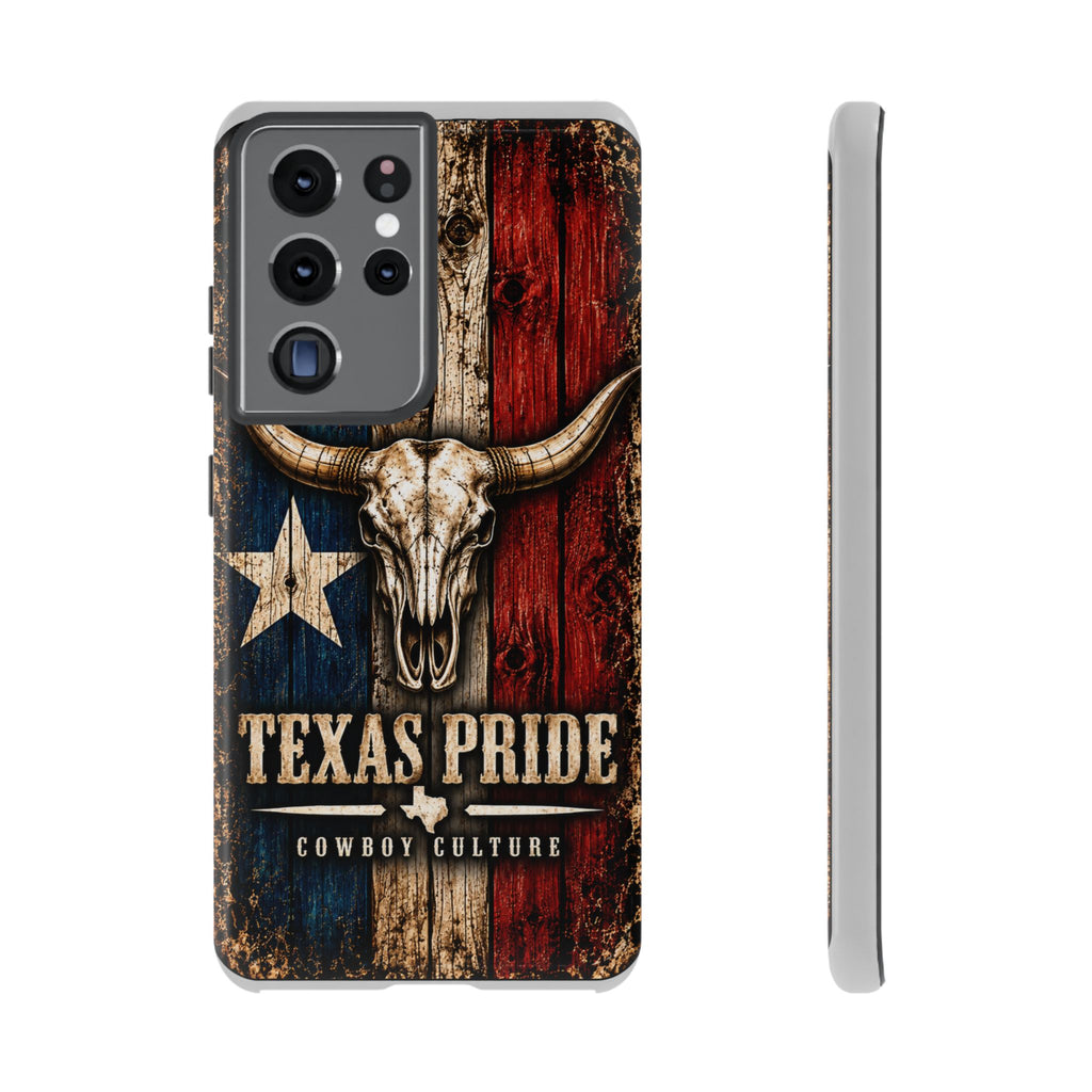 Cowboy Culture Texas Pride phone case with Texas flag and longhorn skull artwork