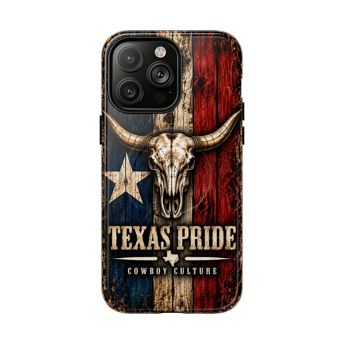 Cowboy Culture Texas Pride magnetic phone case with Texas flag and longhorn skull artwork