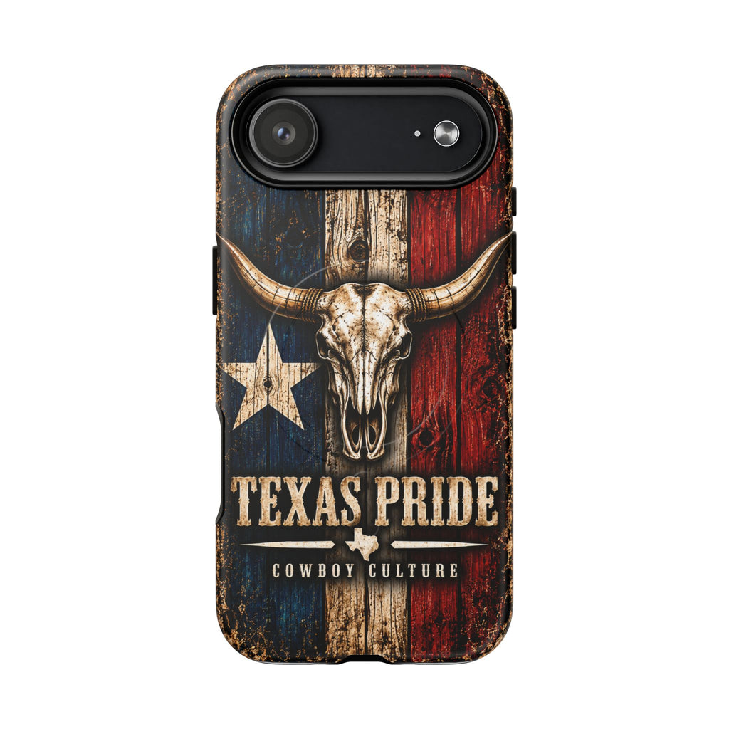 Cowboy Culture Texas Pride magnetic phone case with Texas flag and longhorn skull artwork