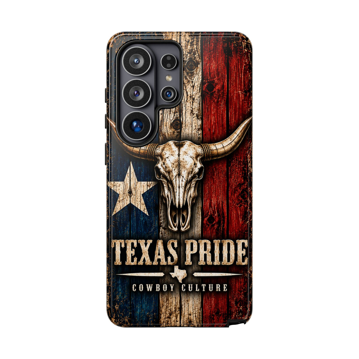 Cowboy Culture Texas Pride phone case with Texas flag and longhorn skull artwork