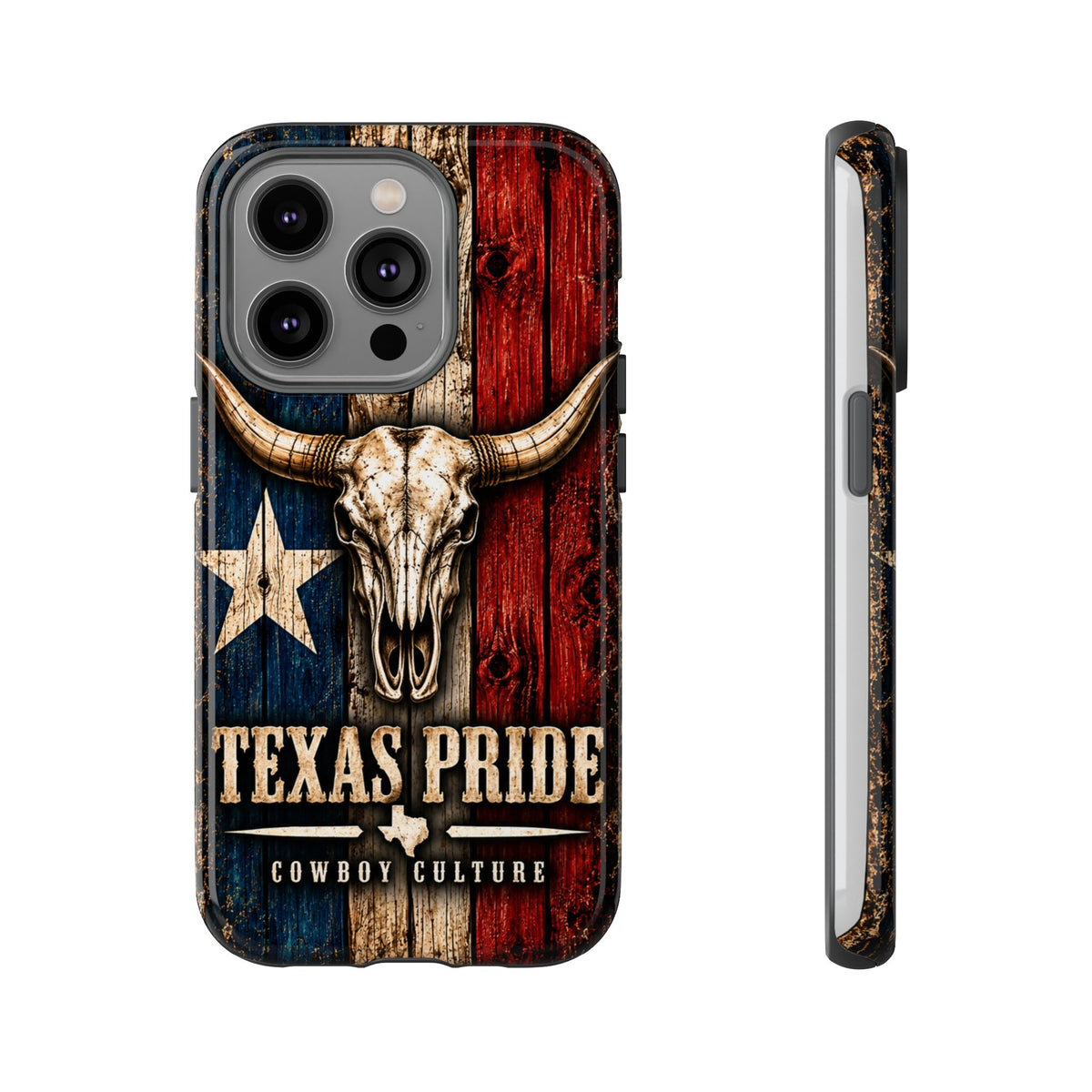 Cowboy Culture Texas Pride phone case with Texas flag and longhorn skull artwork