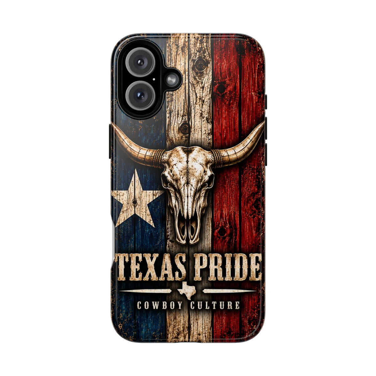 Cowboy Culture Texas Pride phone case with Texas flag and longhorn skull artwork