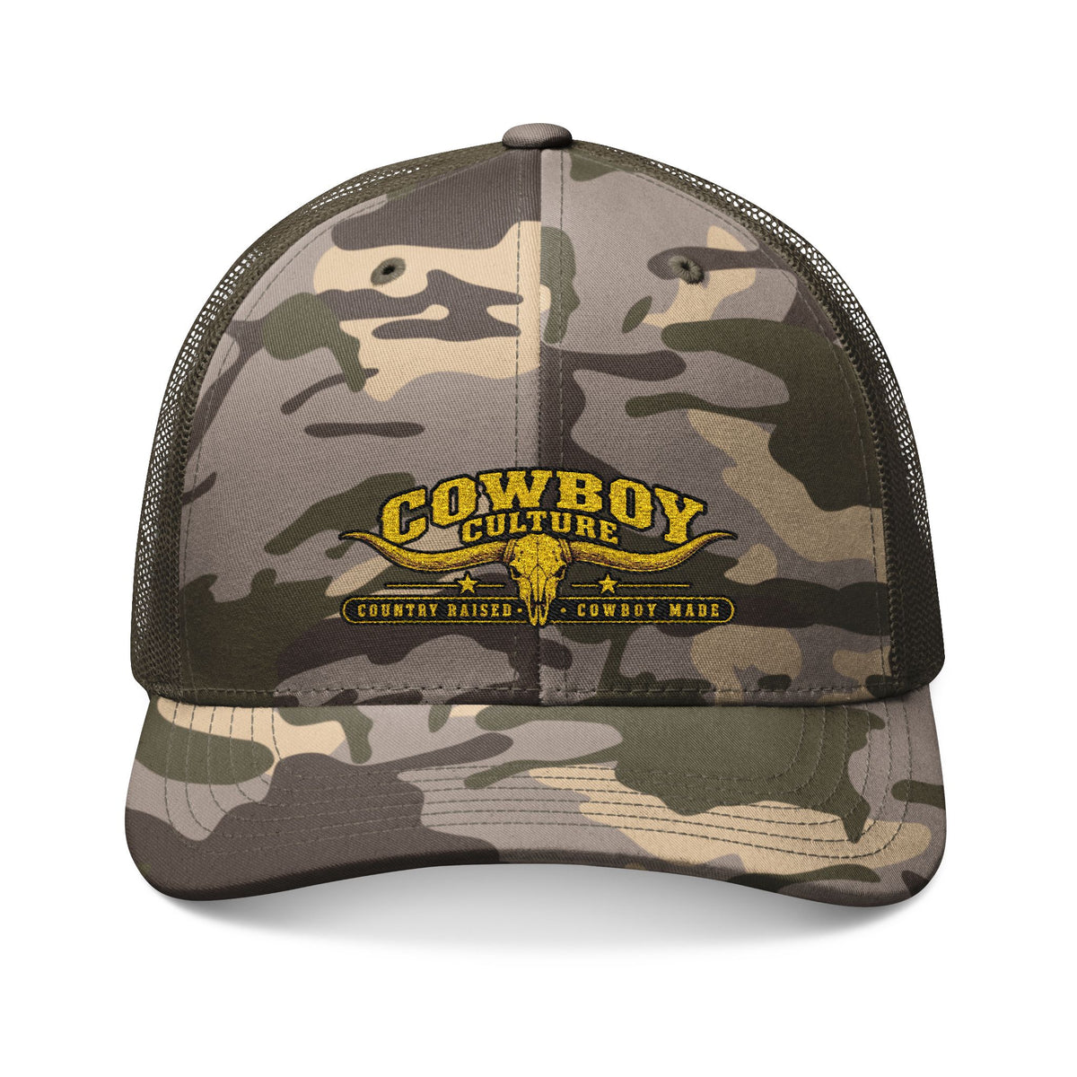 Cowboy Culture Camo Trucker western country cap — product view