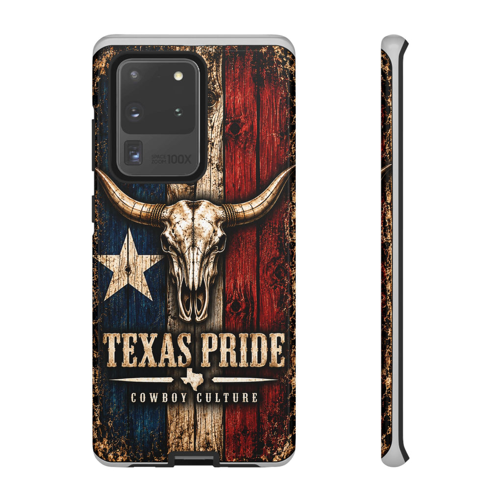 Cowboy Culture Texas Pride phone case with Texas flag and longhorn skull artwork