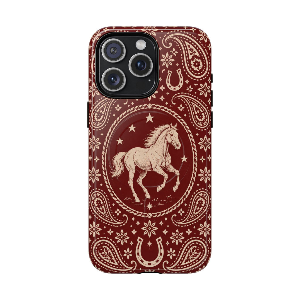 Tough Magnetic Case – Vintage Western Horse Paisley Design — iPhone 15 Pro Max / Glossy
