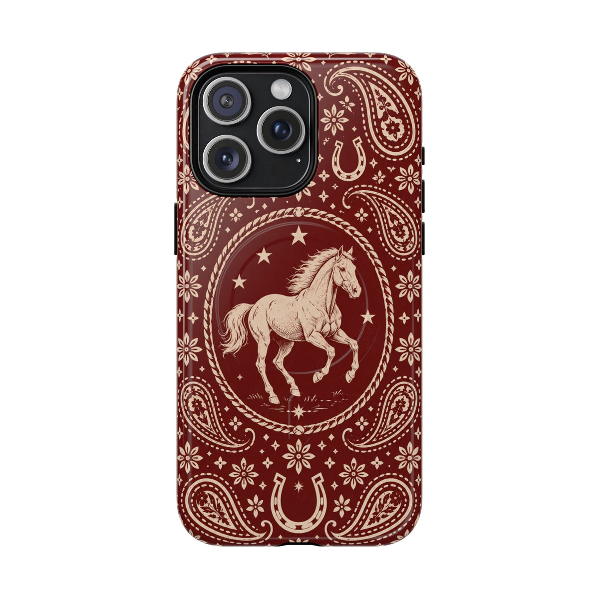 Tough Magnetic Case – Vintage Western Horse Paisley Design — iPhone 15 Pro Max / Glossy