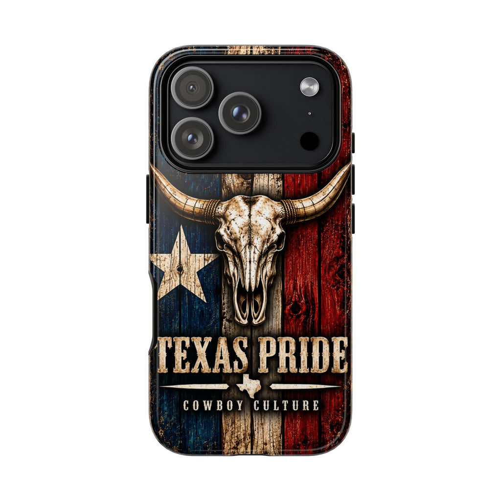 Cowboy Culture Texas Pride phone case with Texas flag and longhorn skull artwork